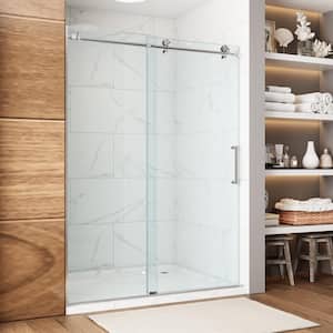 59 in. W x 75 in. H Sliding Frameless Shower Door in Brushed Nickel with 5/16 in. (8 mm) Clear Glass