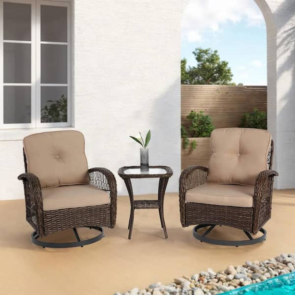 Phewnyzo 3-Piece Brown Outdoor Wicker Swivel Rocker Patio Conversation Set with Khaki Cushions & Glass Coffee Table for Backyard