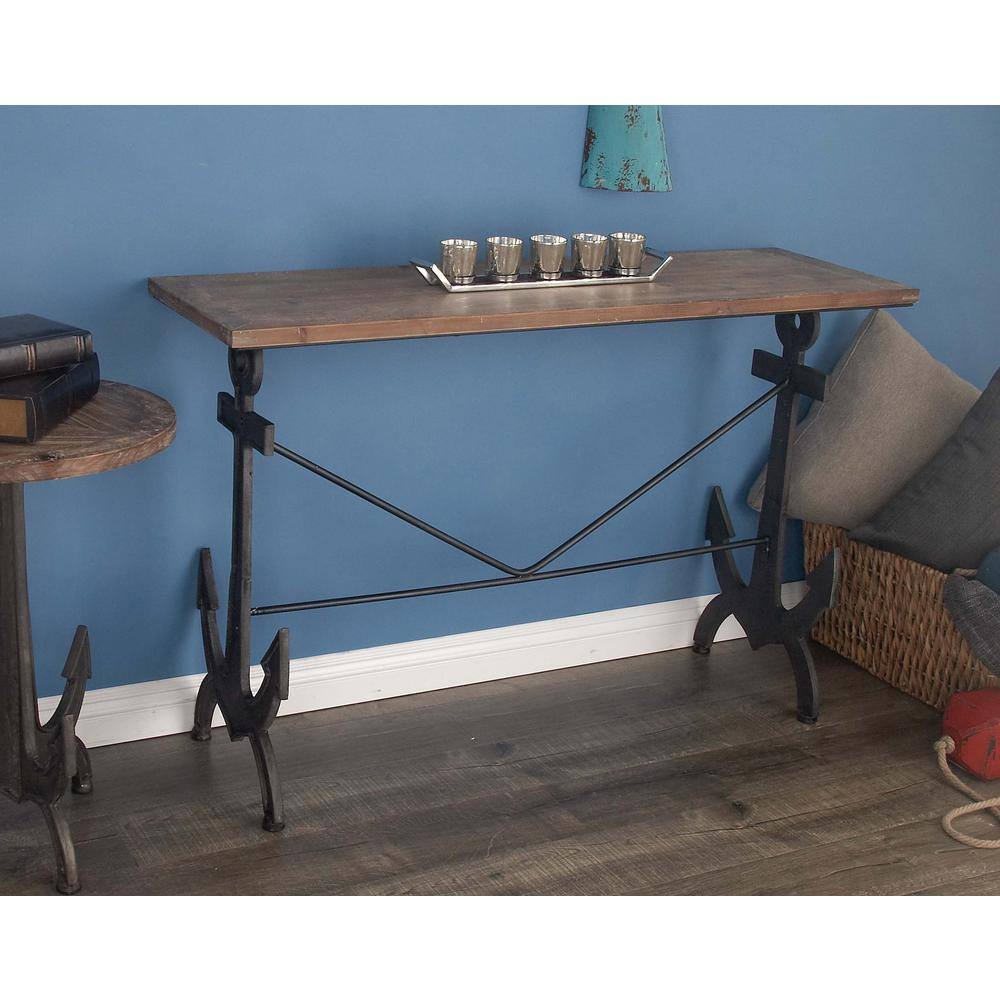 Black Solid Anchor Coastal Console Table with Brown Wood Top, 48"W x 31"H