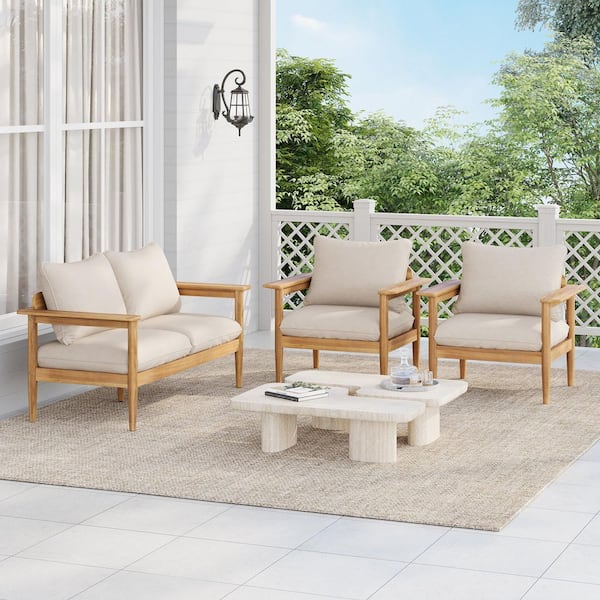 Terassi Outdoor 3-Piece Solid Wood Patio Conversation Set with Beige Cushions, Light Teak Finish