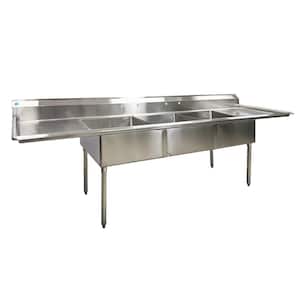 120 in. Freestanding Stainless Steel Commercial NSF 3 Compartments Sink EC3T2424LR with Drainboard 18-Gauge