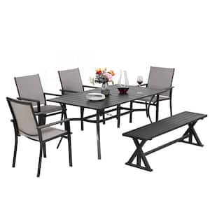 6-Piece Metal Outdoor Dining Set with Bench, includes 4 Textilene Chairs, 1 Park Bench and 1 Rectangle Dining Table