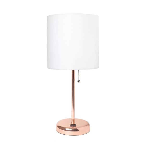 Simple Designs 19.5 in. White and Rose Gold Stick Lamp with USB Charging Port
