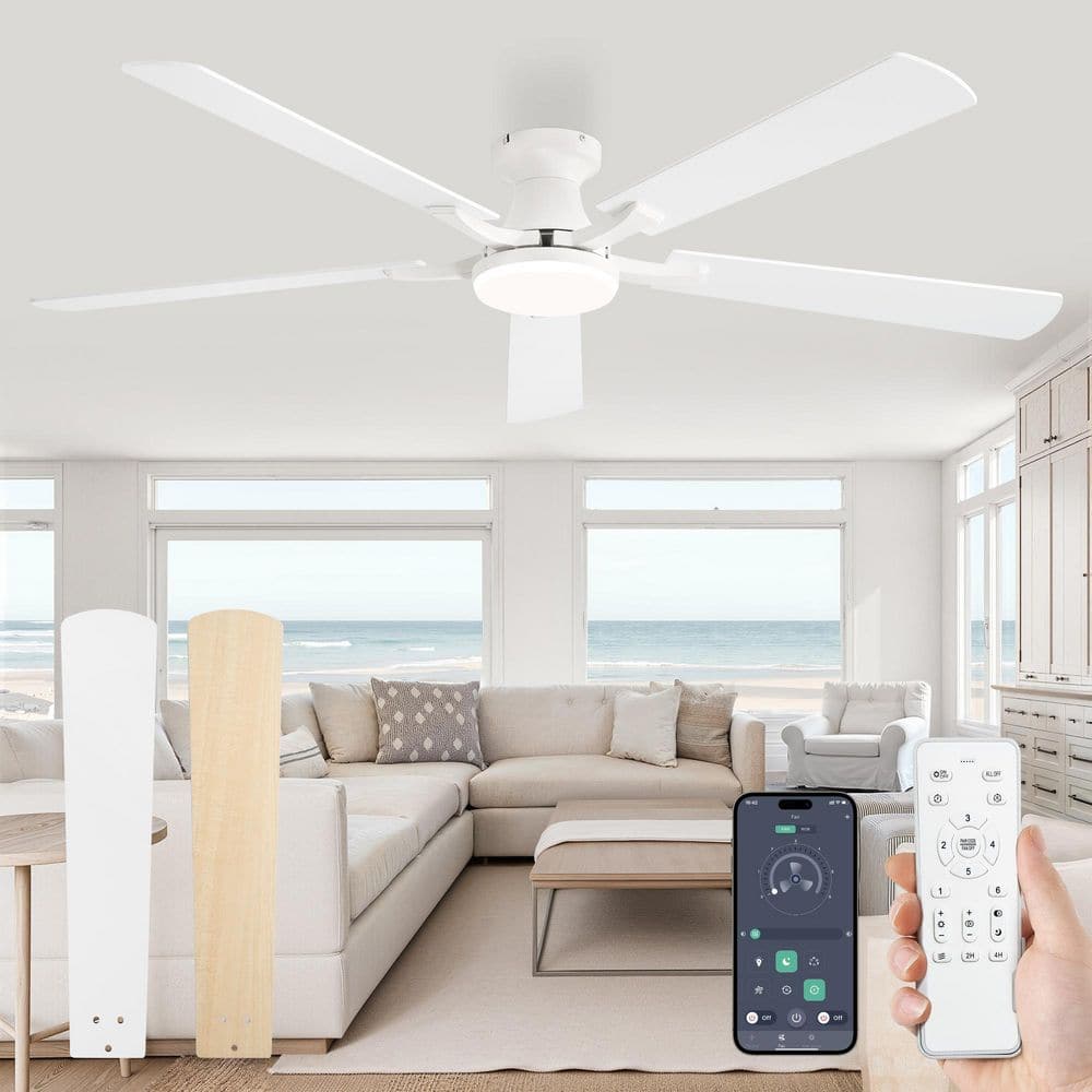 60 in. White Flush Mount Indoor/Outdoor Ceiling Fan w/Light App&Remote Quiet Reversible DC Motor for Bedroom Living Room price history on PriceWatchPro