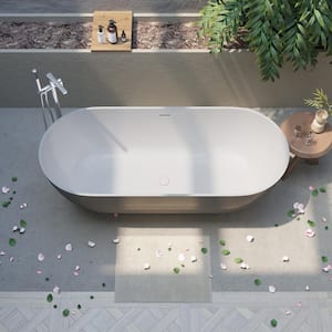 59 in. x 29.5 in. Luxury Handcrafted Stone Resin Freestanding Soaking Bathtub with Overflow in Glossy White