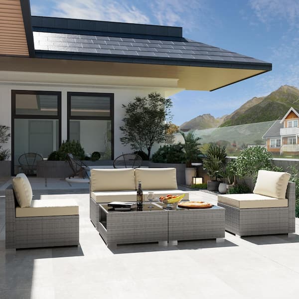Gardenbee 6-Piece Wicker Outdoor Patio Sectional Sofa Conversation Set with Coffe Tables and Beige Cushions