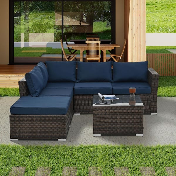 EPIPHANY DOUBLED INC 4-Piece Brown Wicker Outdoor Sectional Set with Coffee Table Ottoman and Blue Cushions