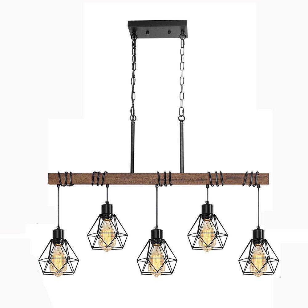 Farmhouse 5-Light Matte Black and Brown Wood Linear Chandelier with Diamond Shades for Kitchen Island price history on PriceWatchPro
