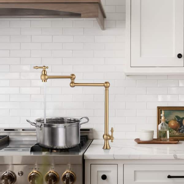 Antique Brushed Gold Deck Mount Pot Filler Faucet, Solid Brass Pot Filler with Double Stretchable Joint Swing Arm