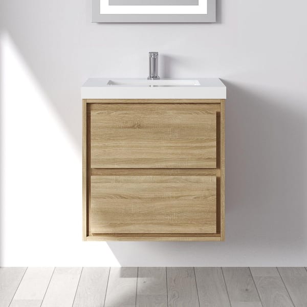 Purus 24 in. W x 20 in. D x 26 in. H Single Sink Wall Mounted Bath Vanity in Oak with White Cultured Marble Top