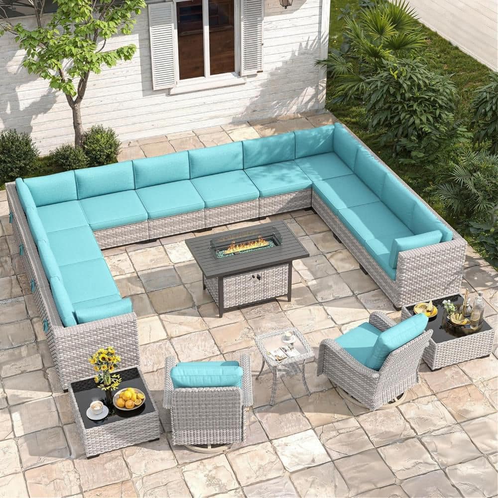 18-Piece Wicker Outdoor Patio Conversation Seating Set with Blue Cushions & 55,000 BTU Fire Pit Table price history on PriceWatchPro