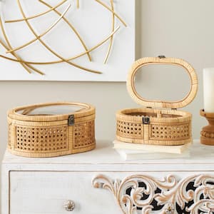 Oval Rattan Handmade Wrapped Oval Storage Box with Cane Panels and Tempered Glass Tops (Set of 2)
