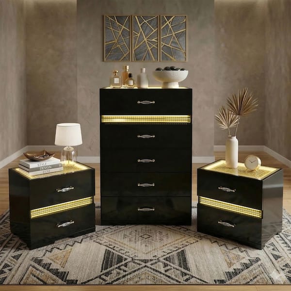 black and gold dresser and nightstand Furniture of America Saven Modern 3-Piece Black Solid Wood Chest and 2 Nightstand Bedroom Set with LED Light