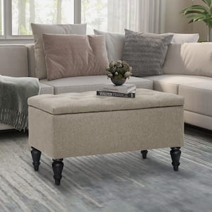 29 in. W x 17 in. D x 17 in H Beige Fabric Upholstered Flip Top Storage Bench with Turn Solid Wood Legs
