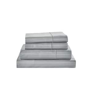 Damask Stripe 4-Piece Grey Cotton Queen Sheet Set