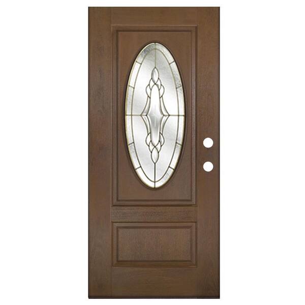 MP Doors 36 in. x 80 in. Medium Oak Left-Hand Inswing Andaman with Brass Oval Lite Prestige Fiberglass Prehung Front Door