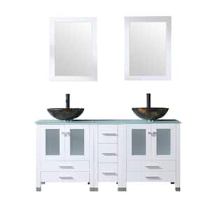 60 in. W x 21.5 in. D x 61 in. H Double Sinks Bath Vanity in White with Glass Top and Mirror
