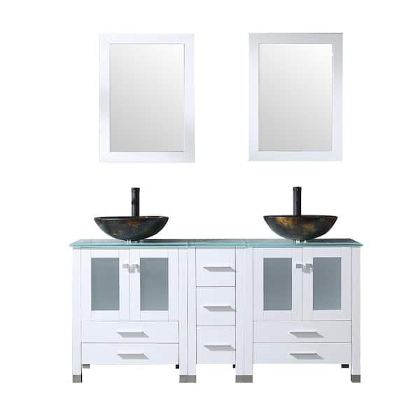 Wonline 60 in. W x 21.5 in. D x 61 in. H Double Sinks Bath Vanity in White with Glass Top and Mirror