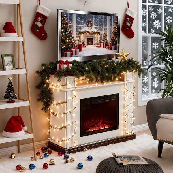 43.5 in. Freestanding Mantel Shelf 23 in. Electric Fireplace with LED Flame 3 Brightness Levels Timer Remote in White