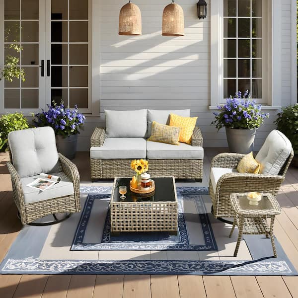 Torino Gray 6-Piece Modern Wicker Patio Conversation Deep Seating Set with Swivel Rocking Chairs and Light Gray Cushions