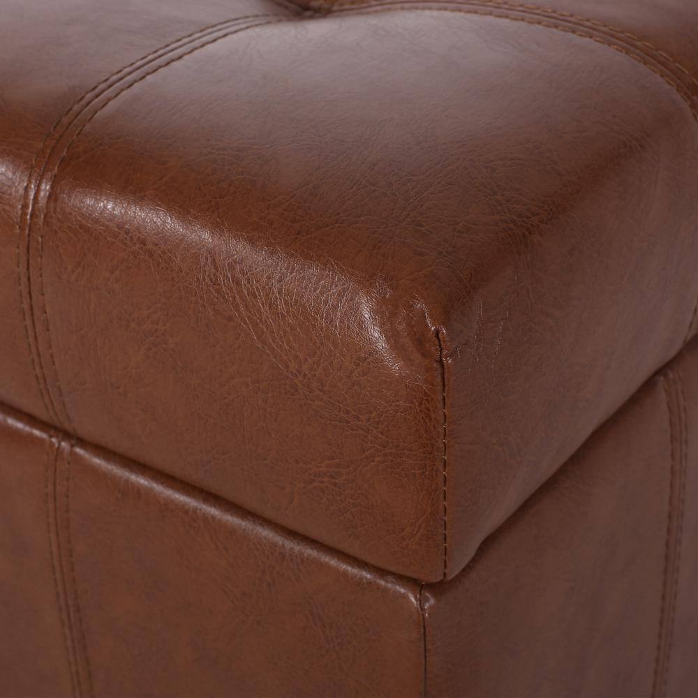 Rosalla Cognac Brown Faux Leather Tufted Storage Ottoman