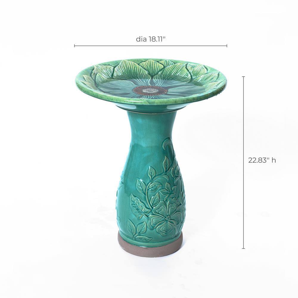Aqua Green Ceramic Flower Carved Birdbath, 22-Inch Tall