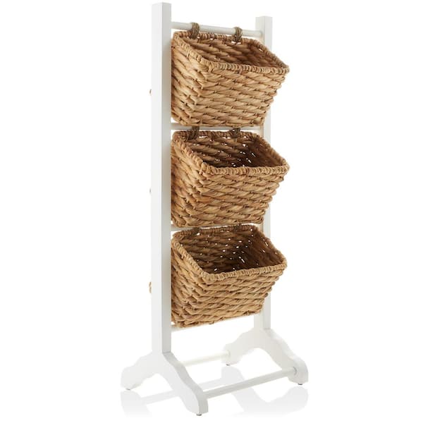 Casafield White 15 in. x 38.25 in. Acacia Wood Decorative Basket 3-Tier Floor Stand, Natural Water Hyacinth Storage Baskets