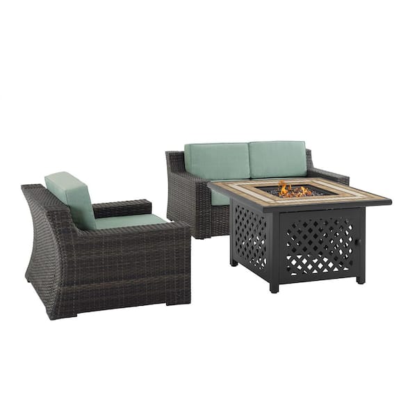 CROSLEY FURNITURE Beaufort 3-Piece Wicker Patio Fire Pit Seating Set with Mist Cushions