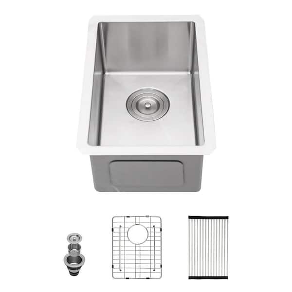 10 in. Undermount Single Bowl 16 Gauge Brushed Nickel Stainless Steel Kitchen Sink with Bottom Grids