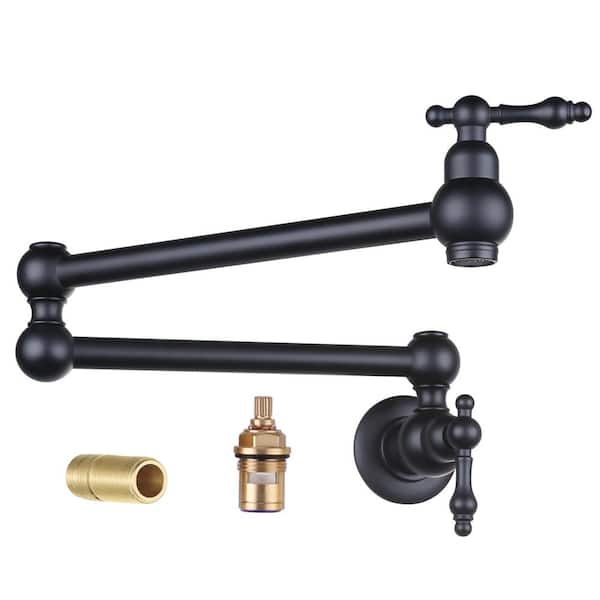 WOWOW Wall Mounted Pot Filler with 2-Handles Double Joint Swing Arm in Matte Black