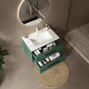 30 in. Floating Green Bath Vanity with White Ceramic Top and 2 Drawers Unassembled