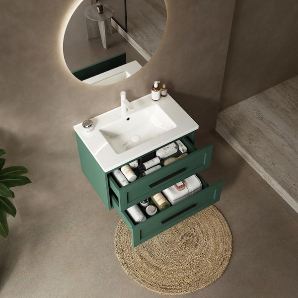 30 in. Floating Green Bath Vanity with White Ceramic Top and 2 Drawers Unassembled