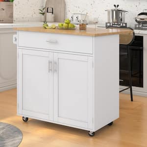 Rolling White Drop Leaf Rubber Wood Top 39 in. Kitchen Island with Internal Storage Racks and Solid Wood Cabinet Feet