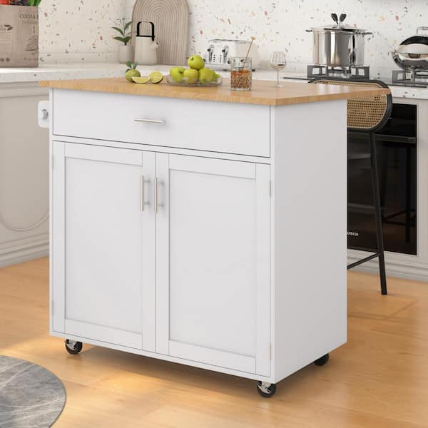FAMYYT Rolling White Drop Leaf Rubber Wood Top 39 in. Kitchen Island with Internal Storage Racks and Solid Wood Cabinet Feet
