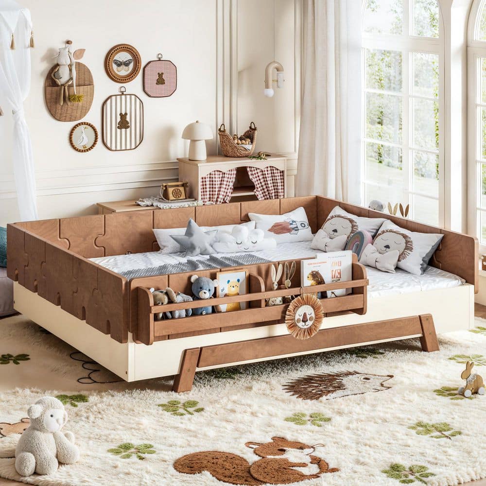 Beige Wood Frame Full Size Floor Platform Bed with Full-length Guardrails and Bookshelves