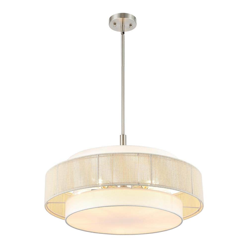 52" Brushed Nickel Double Drum Chandelier with Beige Rope Shade