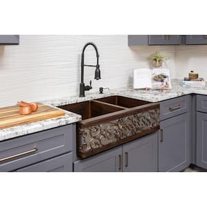 All-in-One Copper 33 in. 60/40 Double Bowl Scroll Kitchen Farmhouse Apron Front Sink with Spring Faucet in ORB and NI