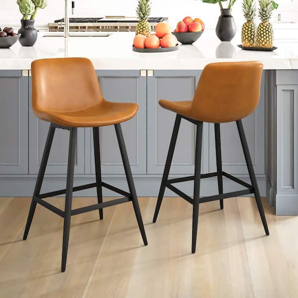 cozyman 36.6 in. H Whiskey Brown 26 in. Low Back Metal Frame Cushioned Counter Height Bar Stool with Faux Leather seat(Set of 2)