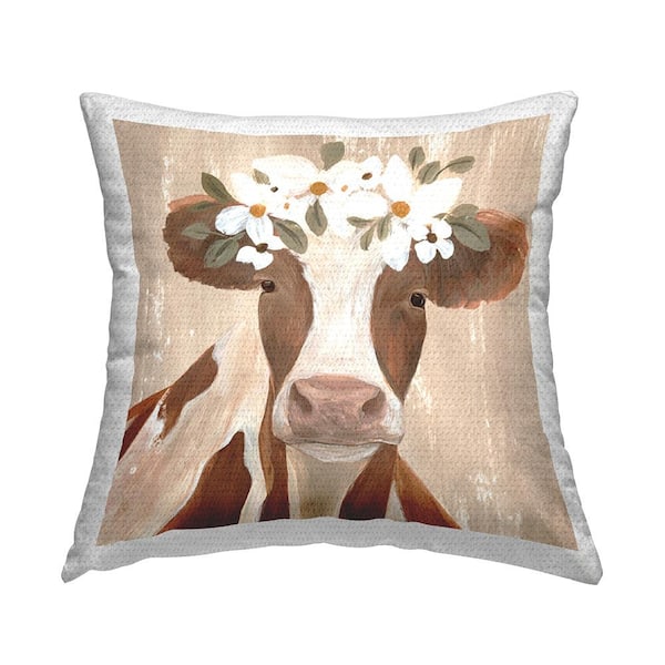 Stupell Industries Brown Country Cow Flowers Brown Square Outdoor Throw Pillow