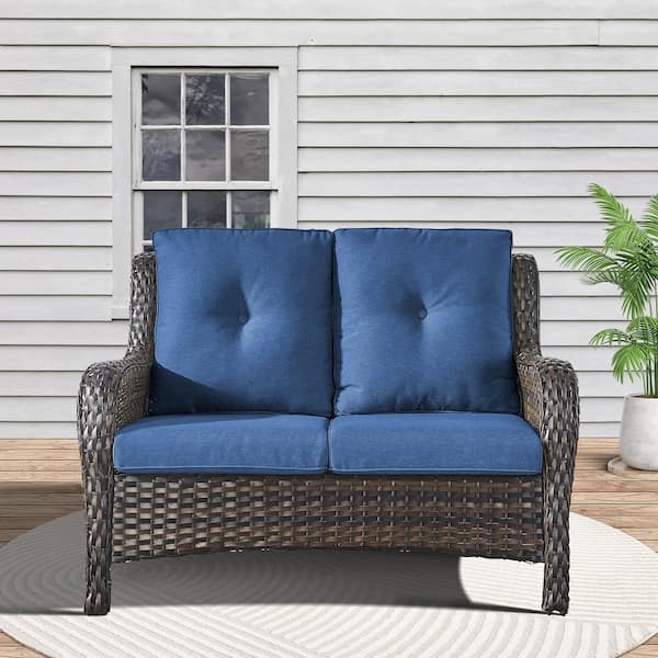 moosprr Brown PE Wicker Outdoor Loveseat with Blue Cushions