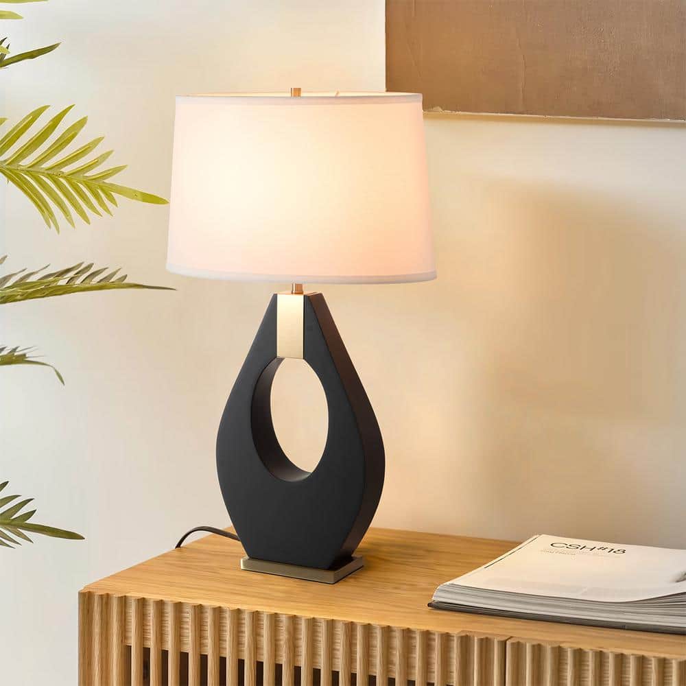 Ebony and Weathered Brass Table Lamp with White Linen Shade