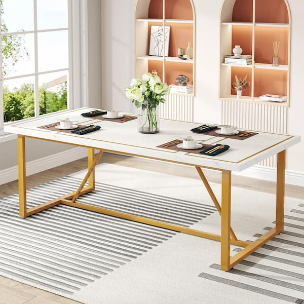 Tribesigns Delilah Modern White and Gold Wood 71 in. Trestle Dining Table Rectangle Kitchen Table Seats 6