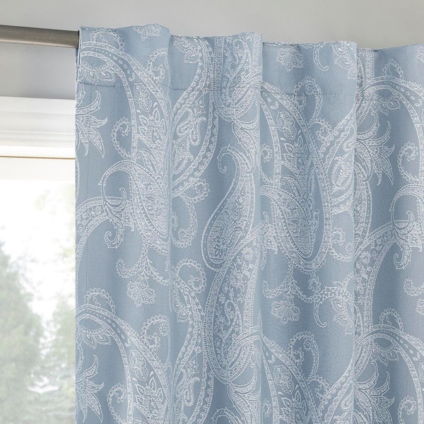 Pedra Paisley Embroidery Tranquil Blue Polyester 40 in. W x 63 in. L Back Tab 100% Blackout Curtain (Single Panel)