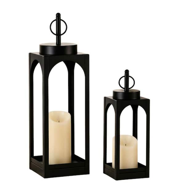 18 in. x 5.6 in. Black Metal Lantern with LED Candle, Farmhouse Style for Indoor and Outdoor Use, W/Timer Remote Control