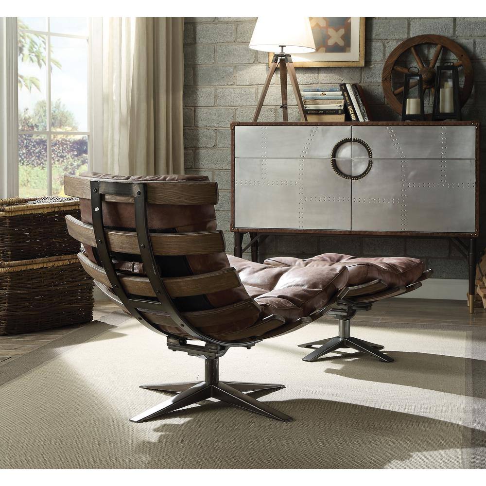 Retro Brown Top Grain Leather Recliner with Ottoman