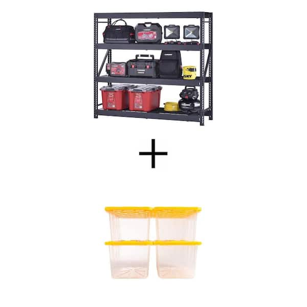 4-Shelf Metal Garage Storage Shelving Unit (77 in.x72 in.x24 in.) with 27 Gal. Clear/Yellow Storage Tote Combo (4-Pack)