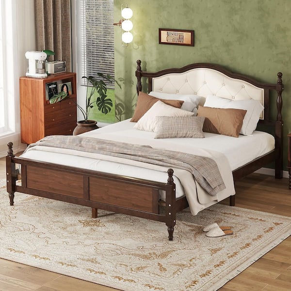 Walnut Yellow Wood Frame Queen Size Platform Bed with Upholstered Headboard and Panel Footboard
