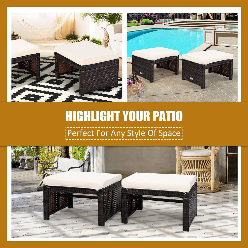 White PE Rattan Outdoor Ottomans with Cushions, Set of 2
