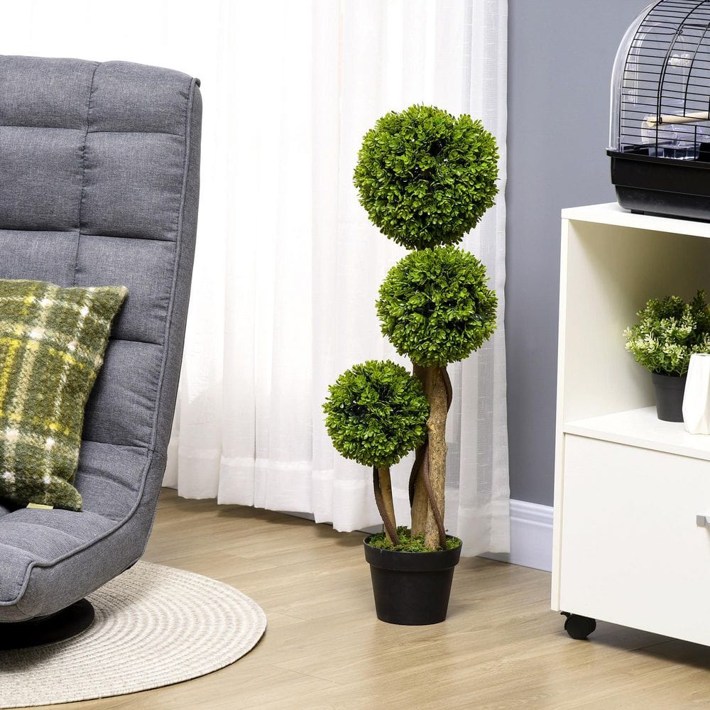 35.5 in. Light Green Artificial 3-Ball Boxwood Topiary Tree, Faux Fake Tree