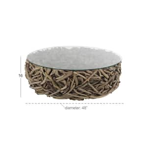 48 in. Brown Medium Round Driftwood Handmade Stacked Collage Coffee Table with Tempered Glass Top